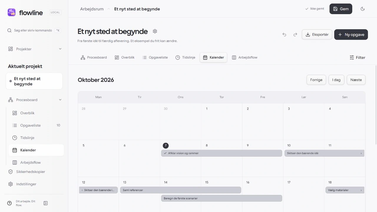 Flowlines kalender med farvede opgaver, der strækker sig over flere datoer.